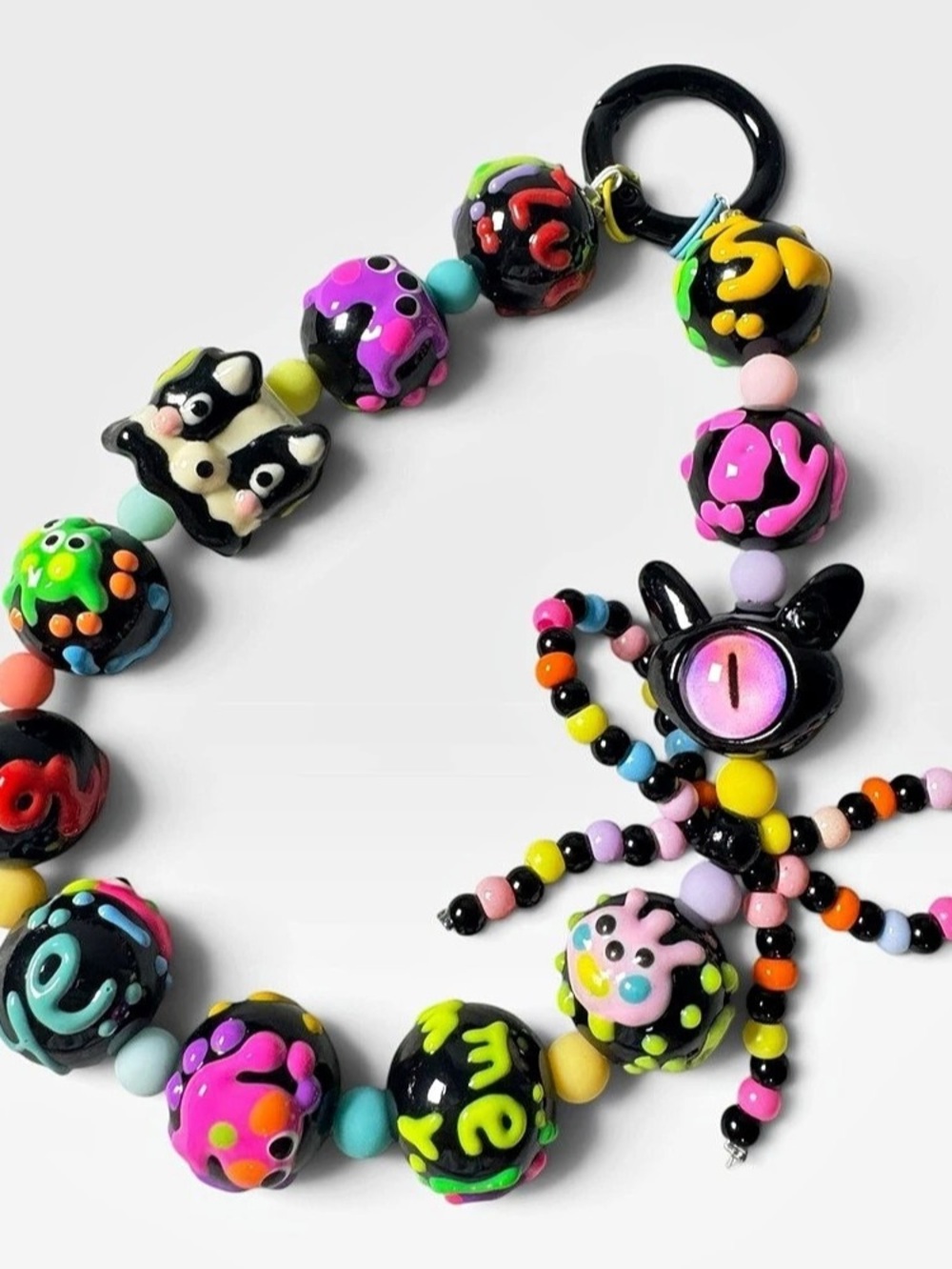 Y2K Beaded Bag Charm Neon Cat Eye Kawaii Sweet Edgy Alt Girl Keychain
